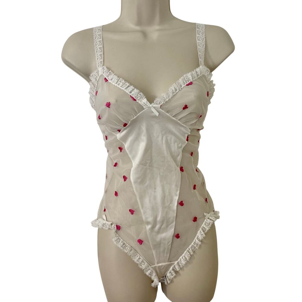 Brandywine Embroidered Heart Lace Ruffled Teddy Coquette Glam White Pink S